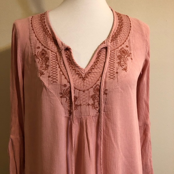 Knox Rose Tops - Knox Rose Pink Boho Long Sleeve Embroidered Top
